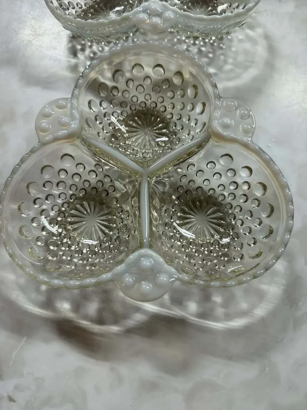 Vintage Moonstone Opalescent Hobnail Three-Section Divided Dishes Set of 2